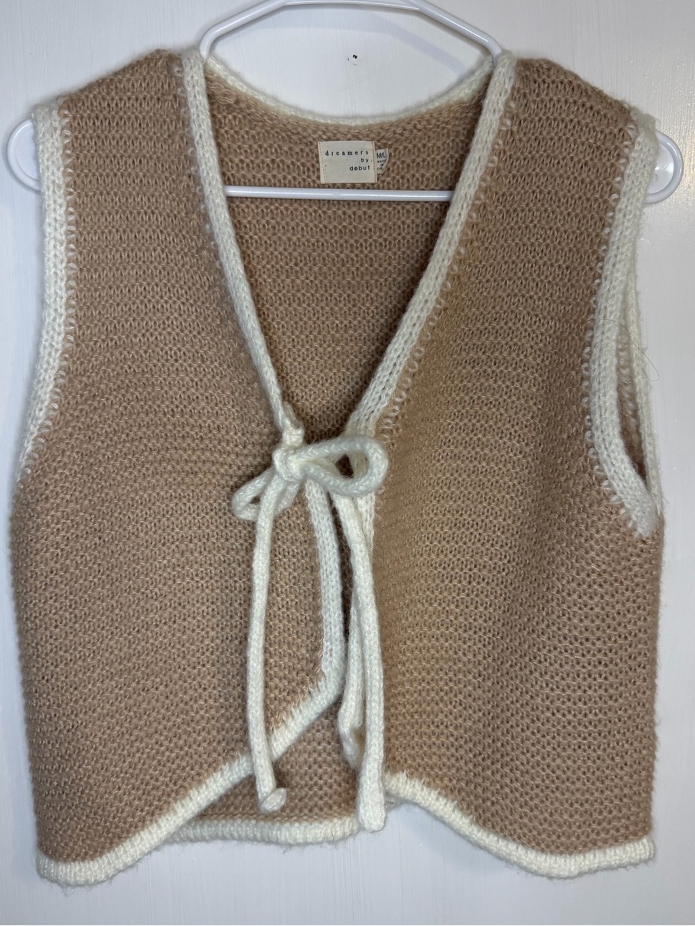 Dreamers & Drifters Beige Knit Tie-Front Vest with Cream Trim